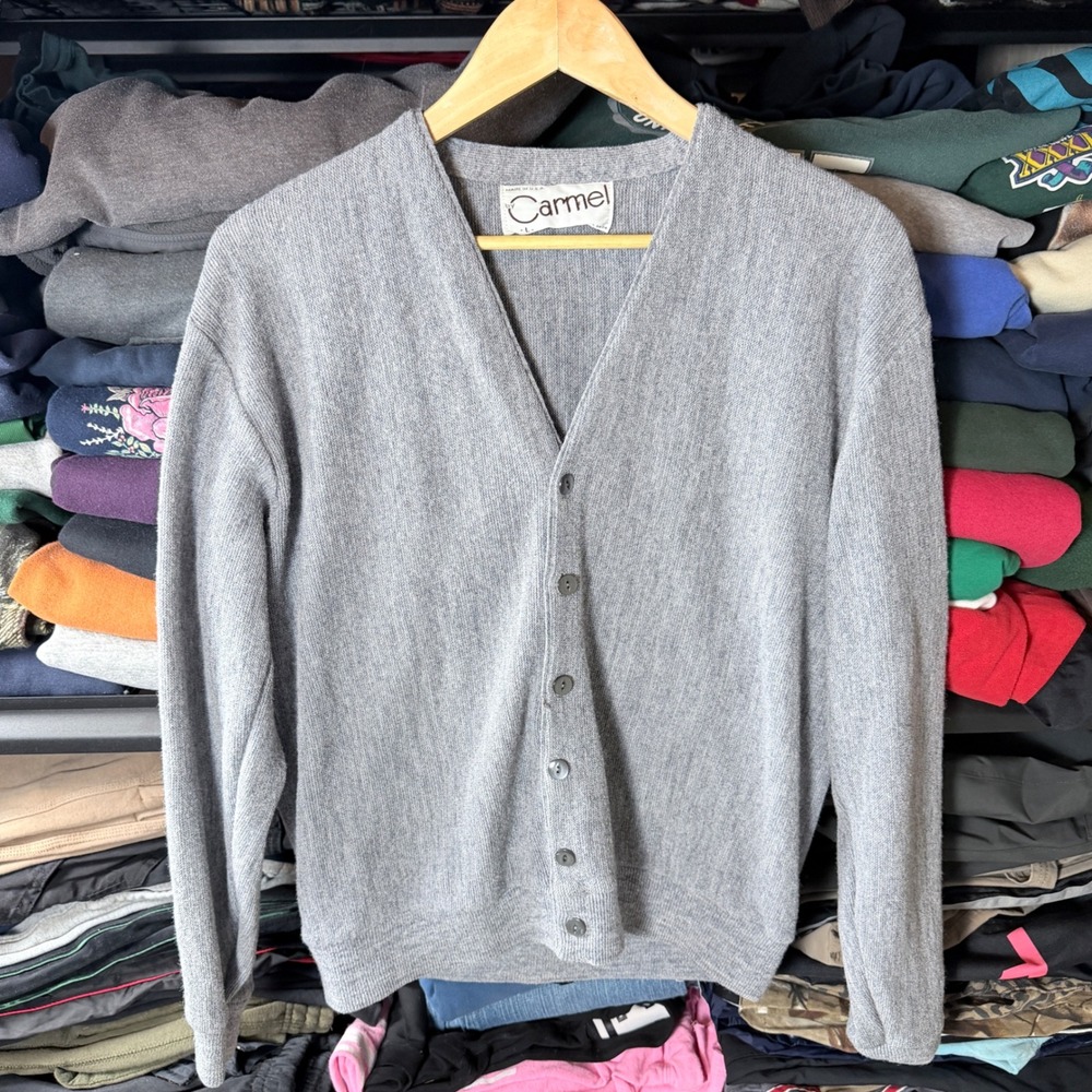 vtg 80's Carmel Cardigan Sweater Womens Large L Gray Button Up USA Made‎ Knit